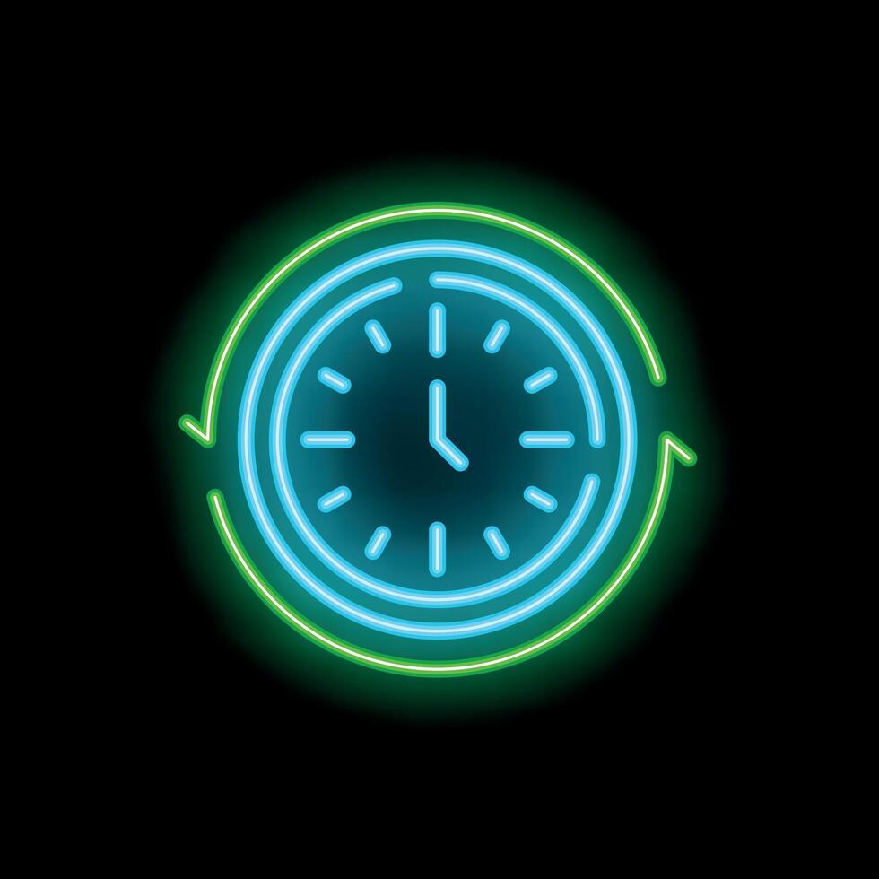 Neon clock showing recurring event on black background vector