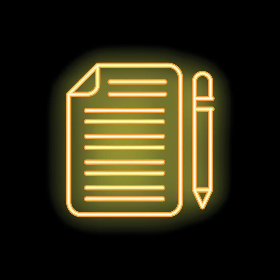 Neon yellow document with lines and pencil icon glowing on black background vector