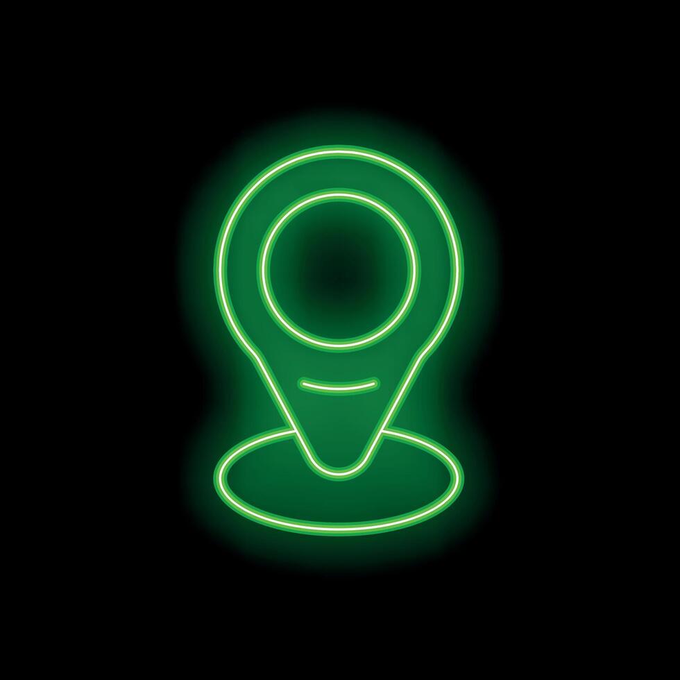 Green neon sign showing location pin on black background vector