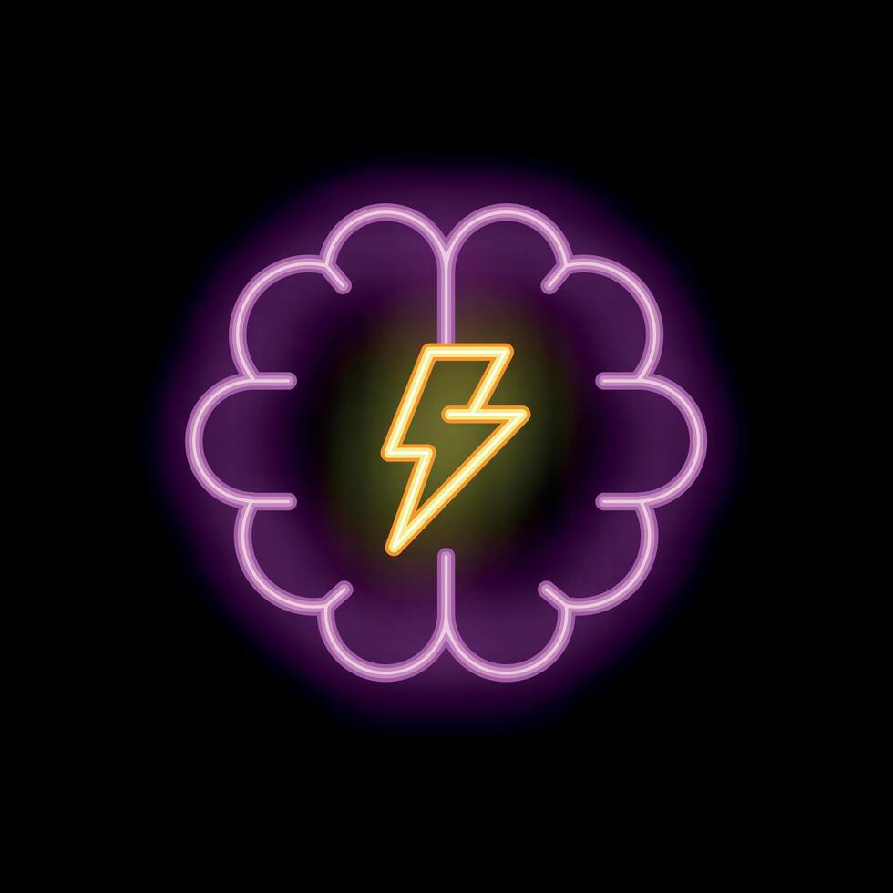 Neon sign of brain with lightning bolt inside symbolizing brainstorming vector