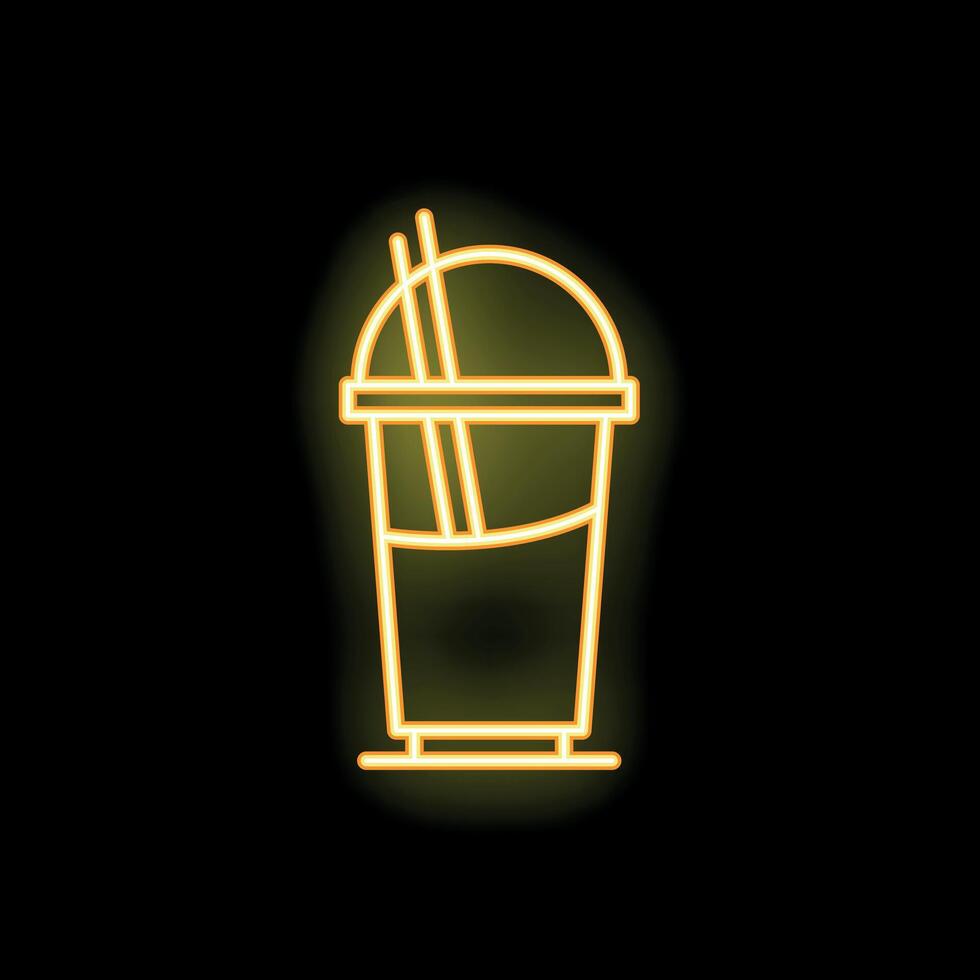 Neon sign showing a disposable cup with straws for milkshake or soda vector
