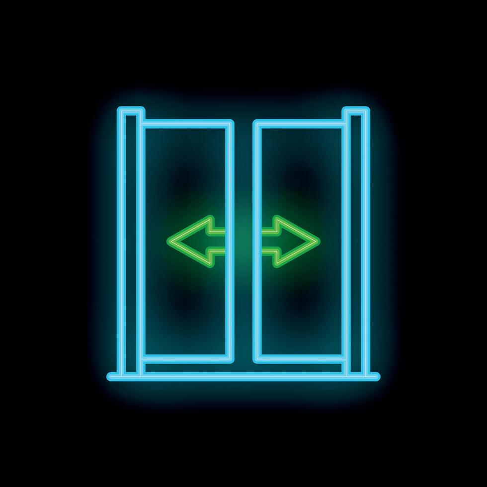 Neon glowing sign of automatic double sliding doors opening and closing vector