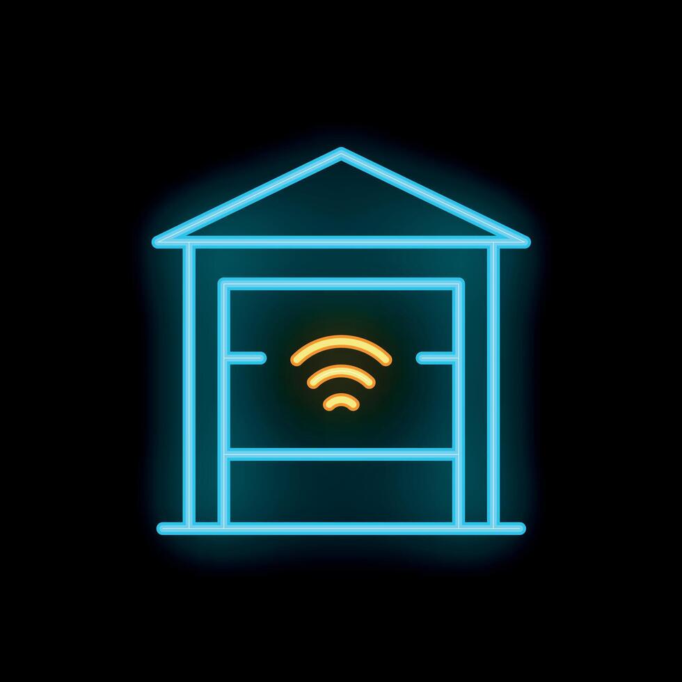 Neon icon of a garage with a wifi symbol representing a smart home vector