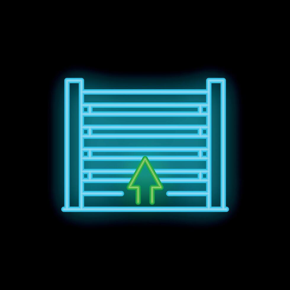 Glowing neon line automatic rolling garage door icon isolated on black background. illustration vector
