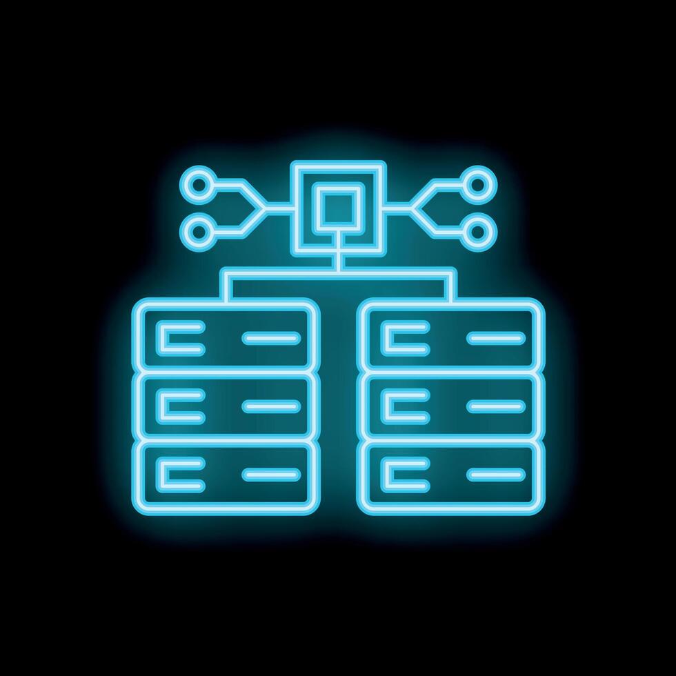 Neon blue icon of a computer network connecting servers vector