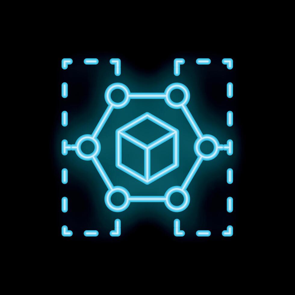 Neon blockchain network icon with cube and nodes glowing on black background vector