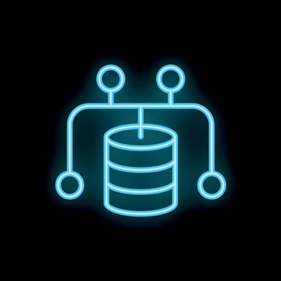 Neon blue database icon representing data storage and network connectivity vector