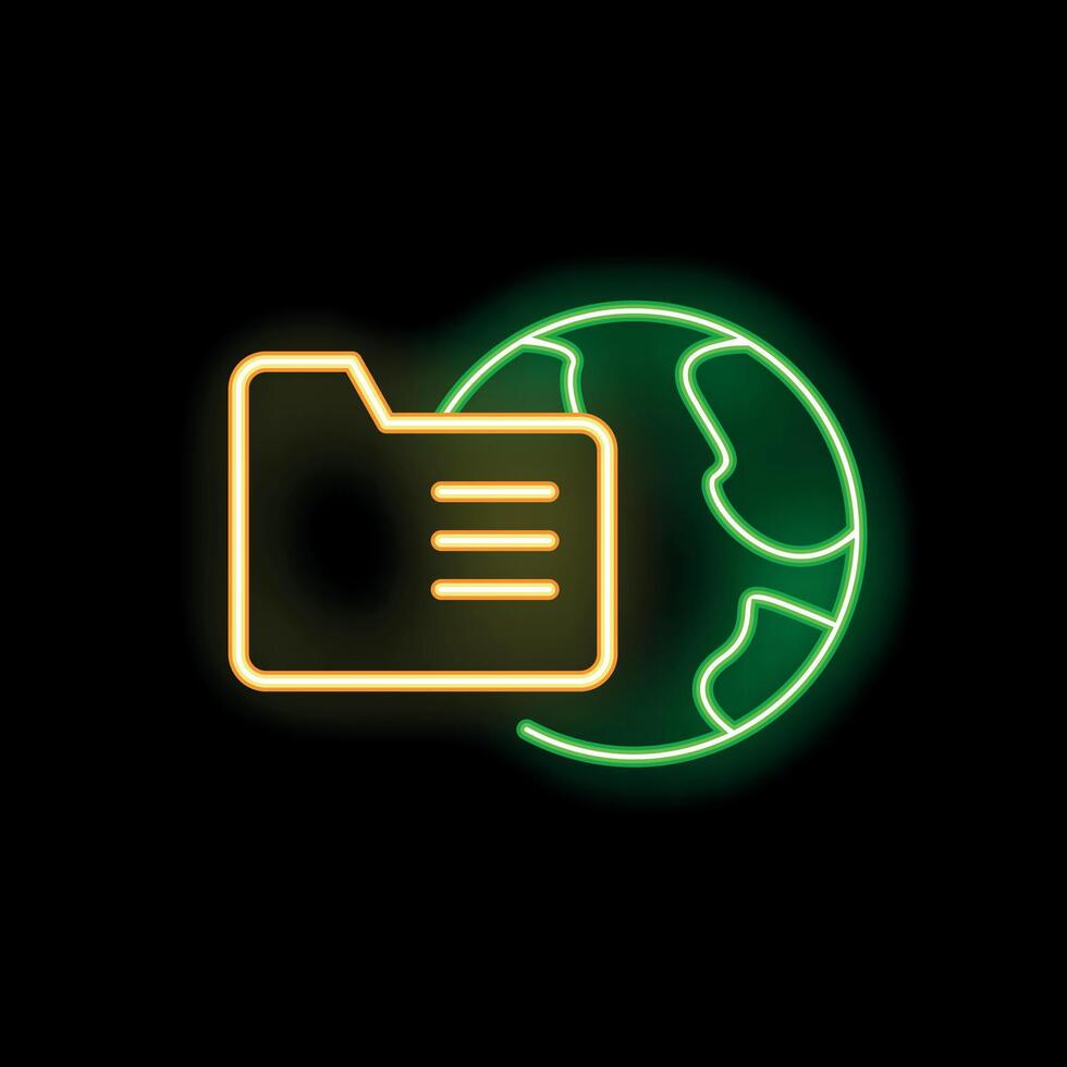 Neon icon of folder sharing data around the world vector
