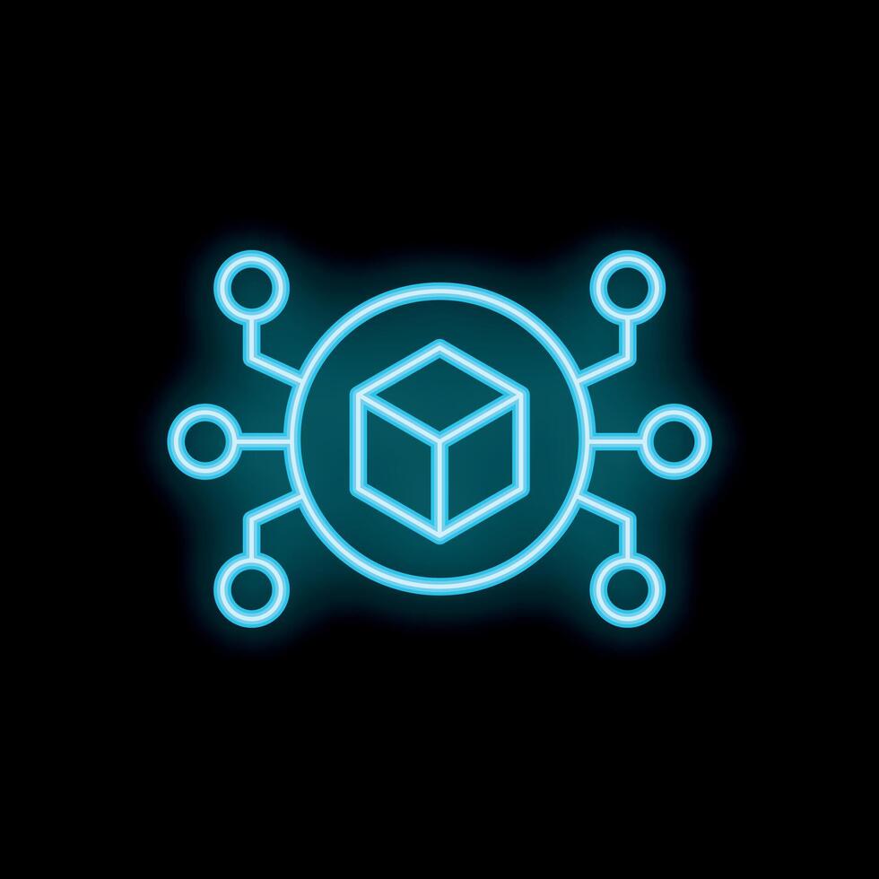 Neon blockchain network connecting through digital cube symbol on black background vector