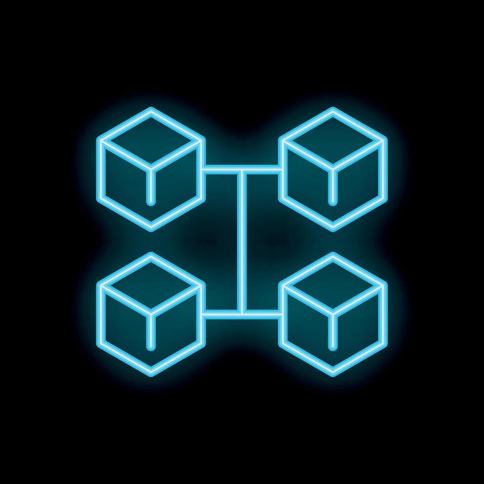 Neon blockchain technology icon connecting cubes securely vector