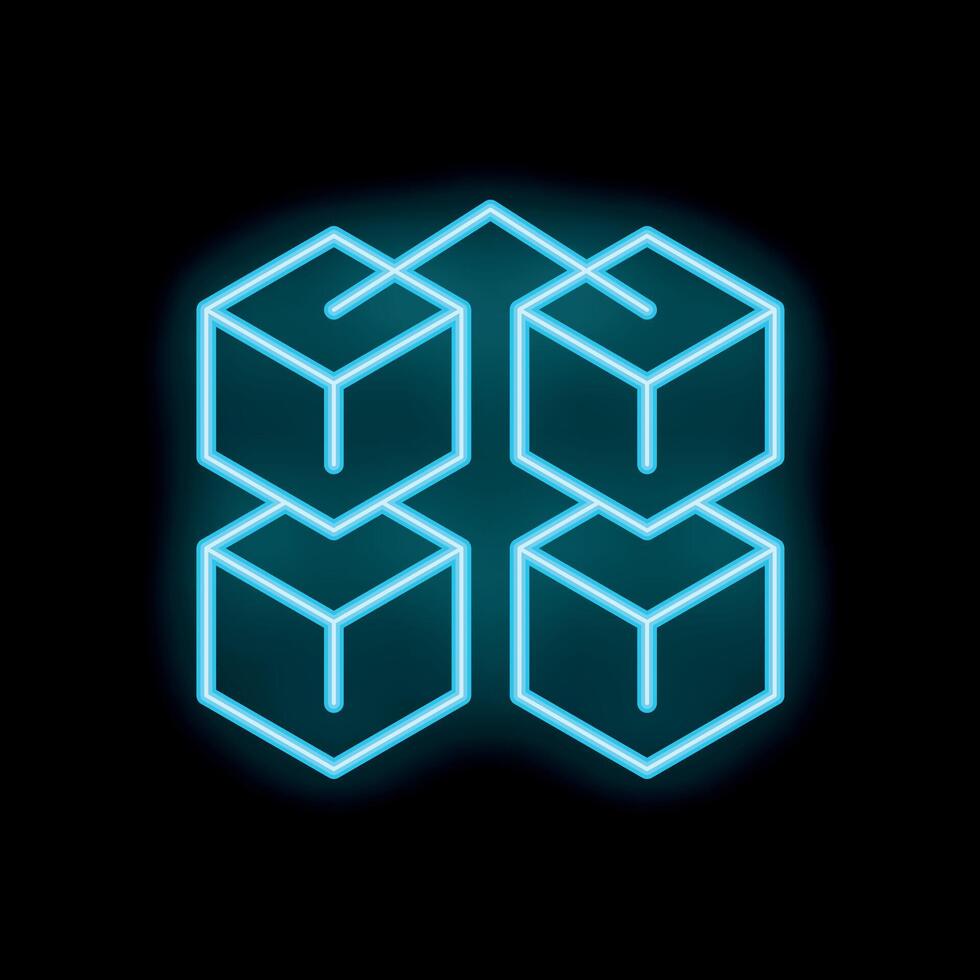 Neon blockchain technology concept with glowing cubes connected by lines vector