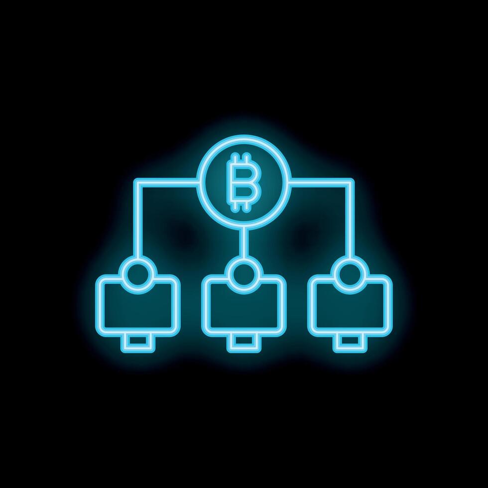 Bitcoin network connecting three computers with neon blue lines on black background vector