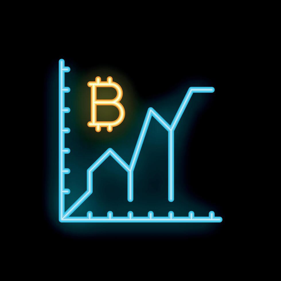 Neon blue bitcoin cryptocurrency growing graph on black background vector