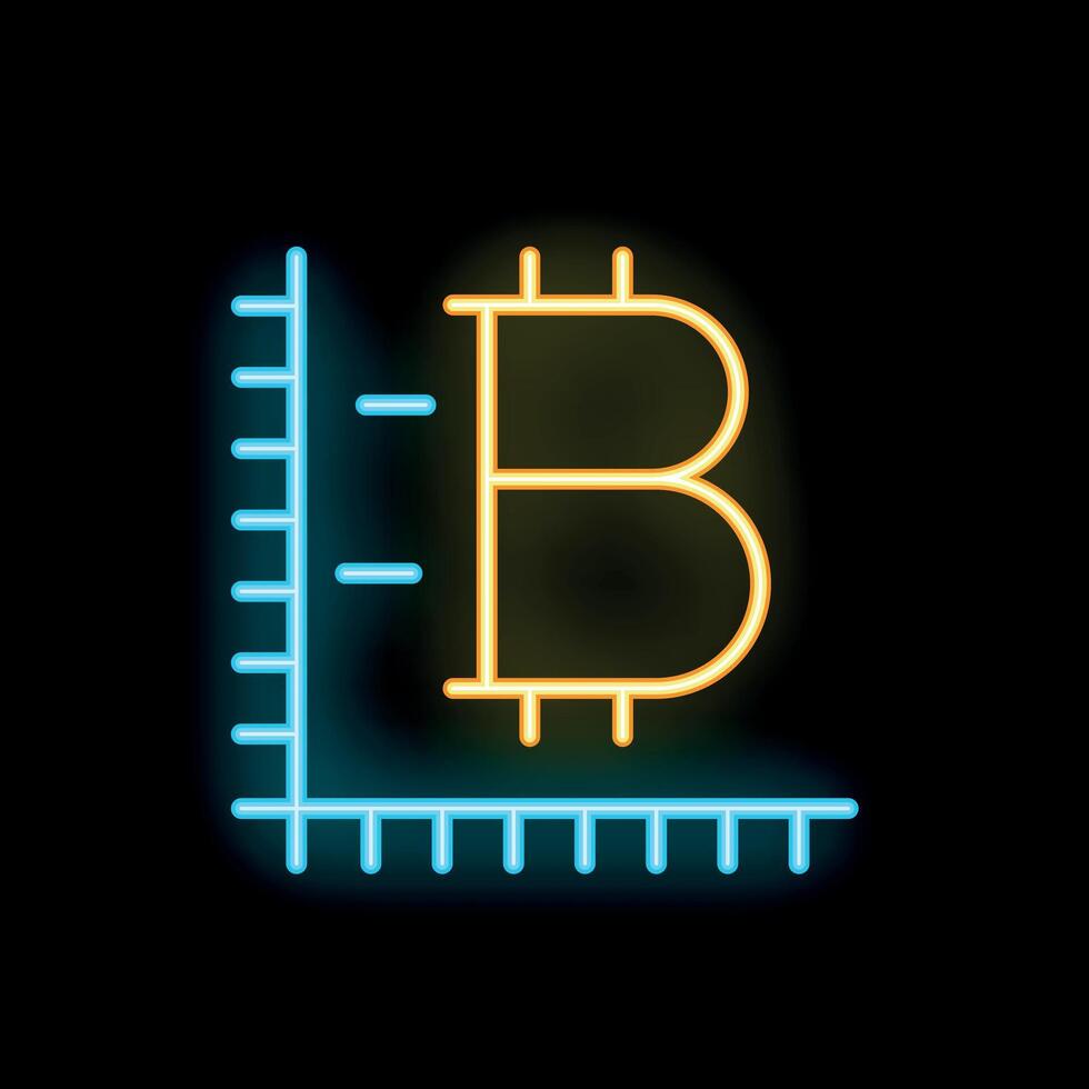 Neon bitcoin symbol with measuring scale representing bitcoin growth vector