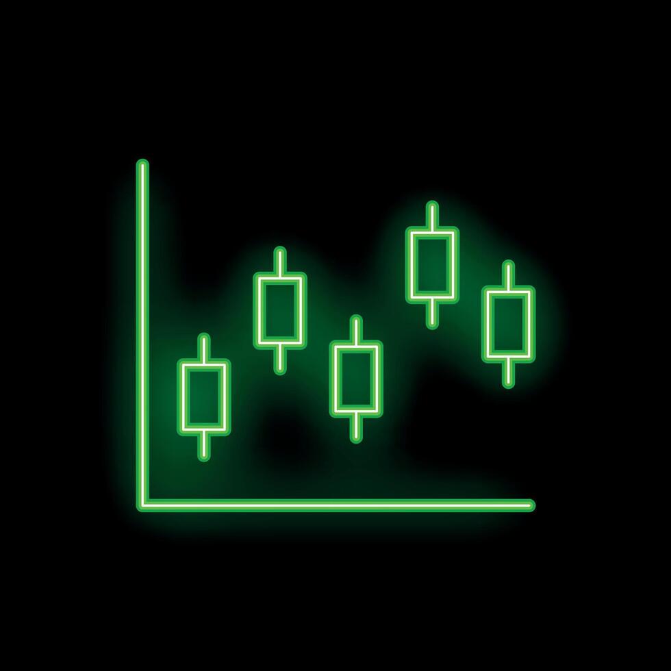 Green neon candlestick chart is glowing on a black background vector