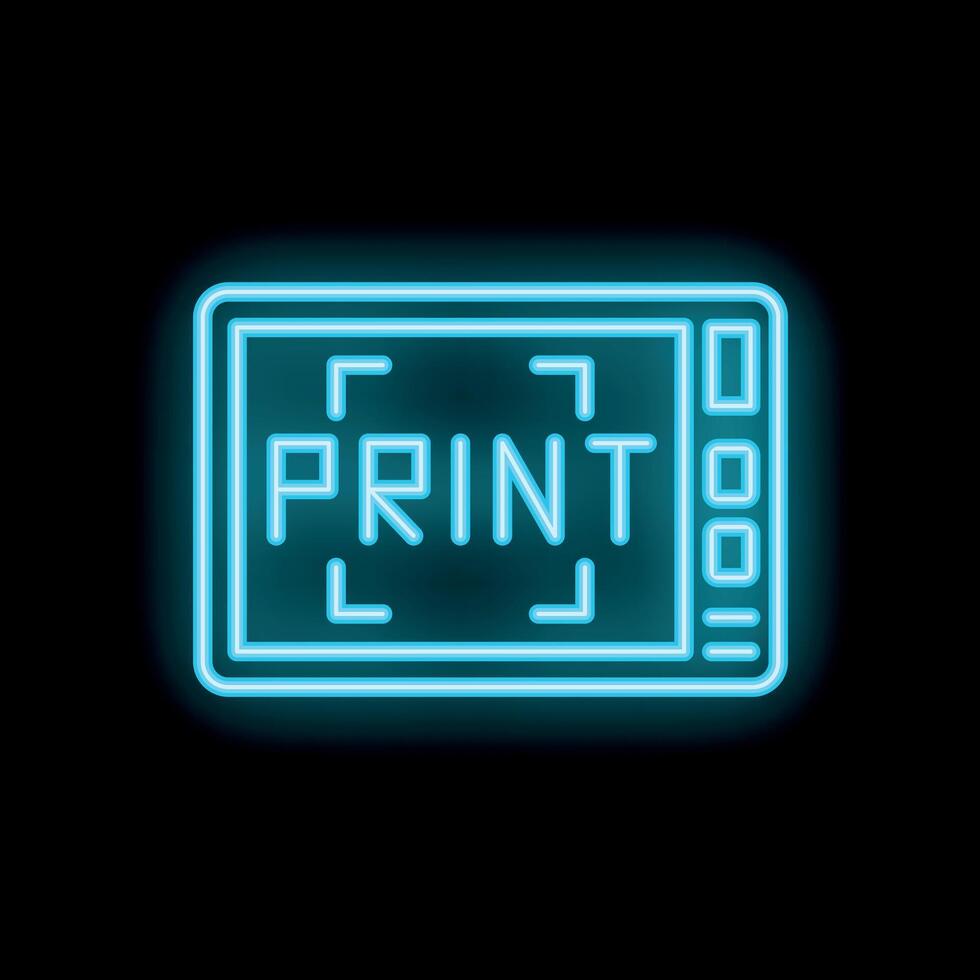 Neon print screen icon glowing on dark background vector