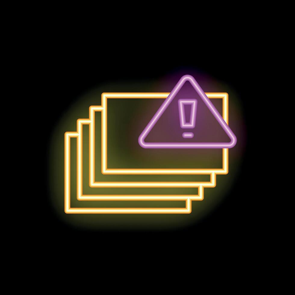 Neon sign showing exclamation point in triangle over paper sheets vector