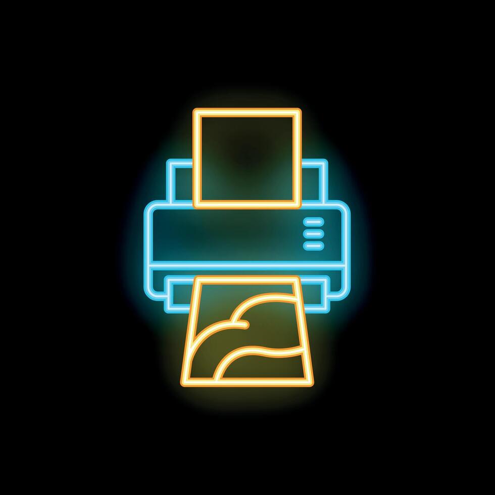 Neon printer printing photo icon on black background vector