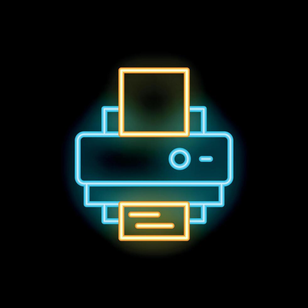 Neon printer icon printing documents with paper tray open vector
