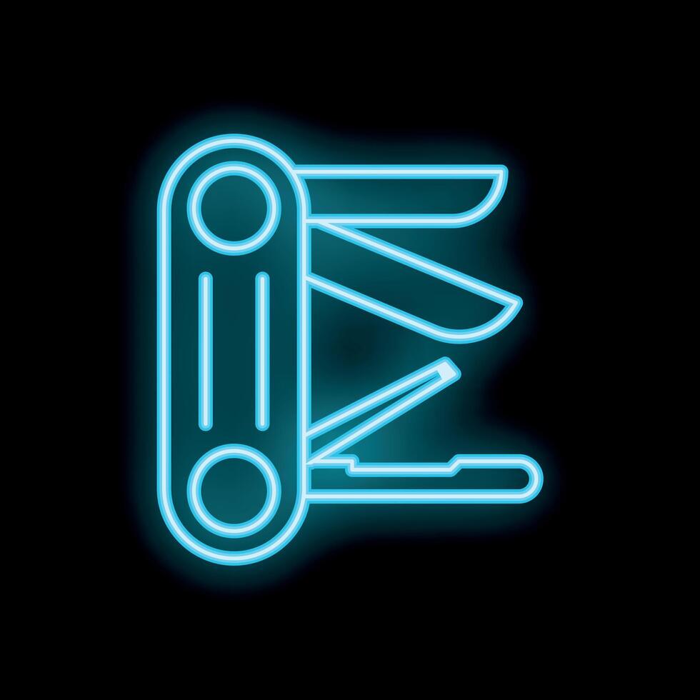 Blue neon style icon of multi tool knife with scissors pliers and saw vector