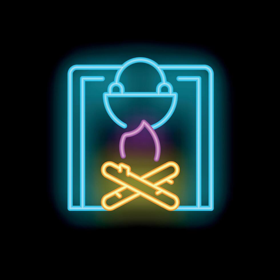 Neon sign showing a fireplace with a hanging cauldron and burning firewood vector