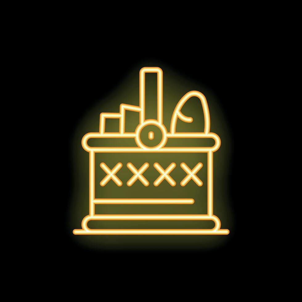 Yellow neon sign of a picnic basket full of food on a black background vector