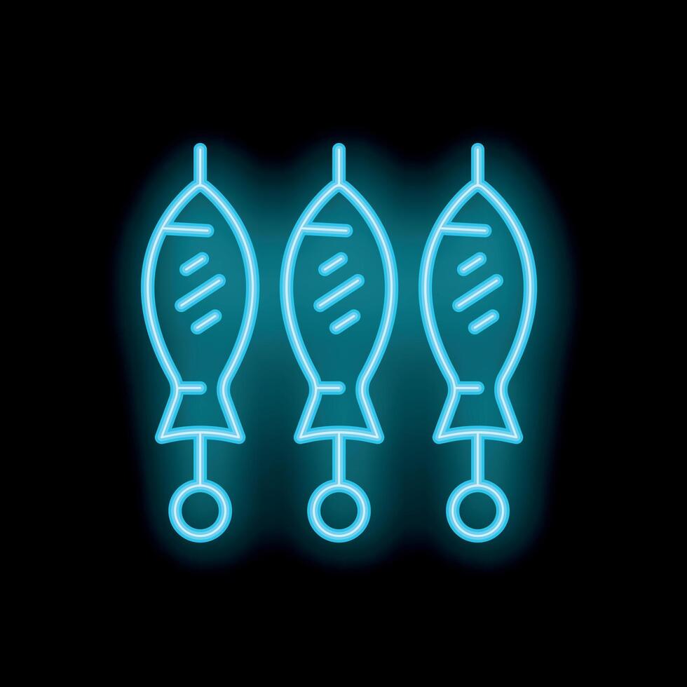 Neon sign showing three grilled fishes on a skewer on a black background vector