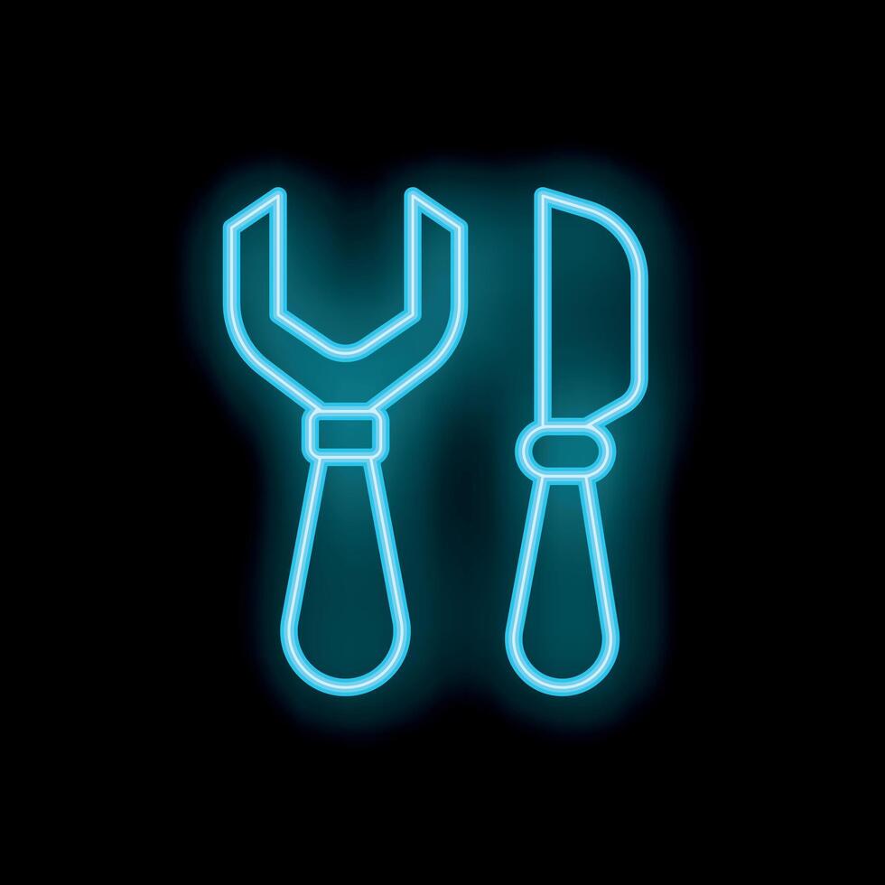 Blue neon wrench and screwdriver sign on black background representing building and repairing vector