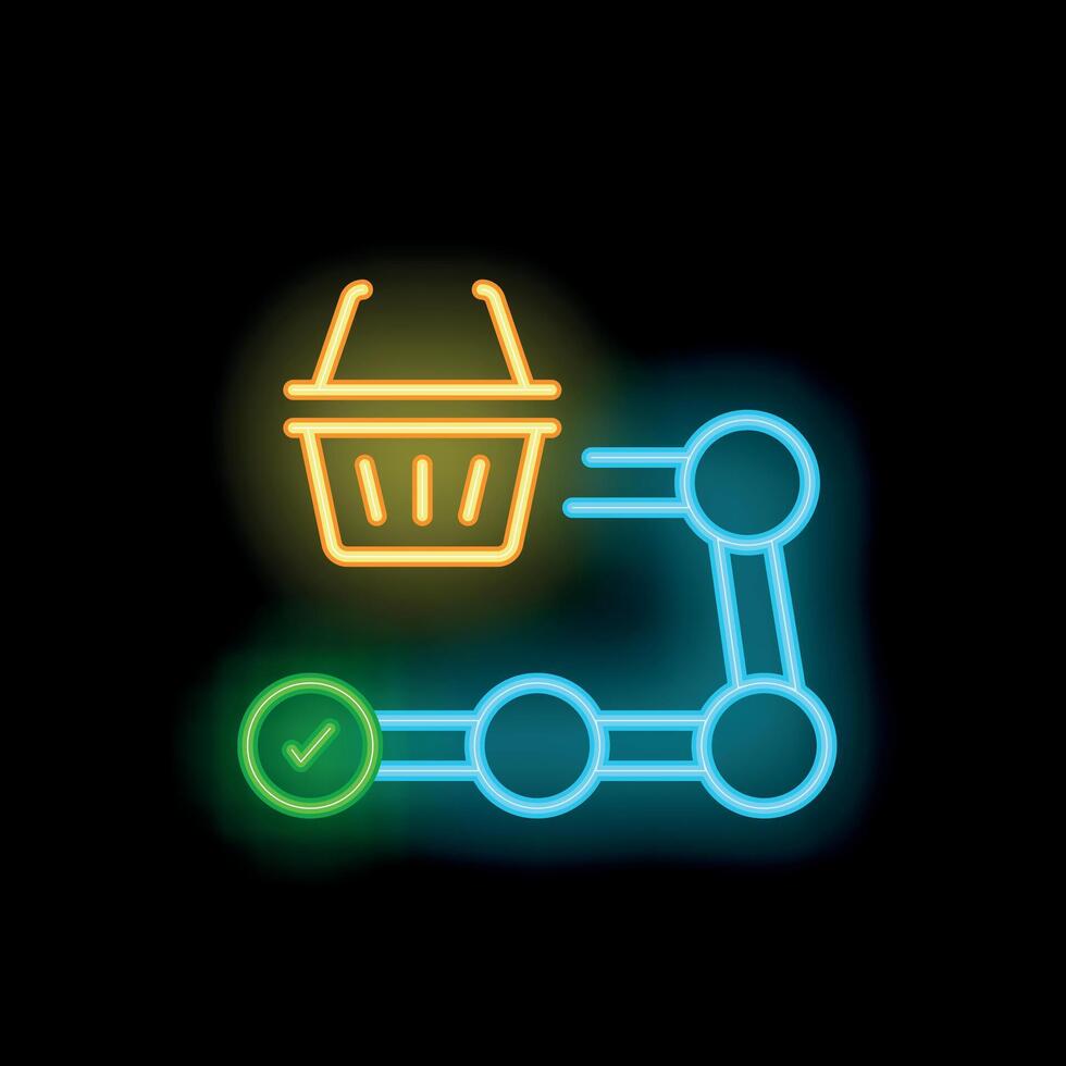 Neon shopping basket moving on conveyor belt with check mark symbol vector