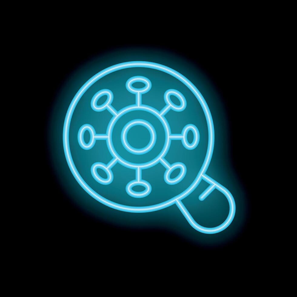 Neon icon of magnifying glass examining virus structure vector