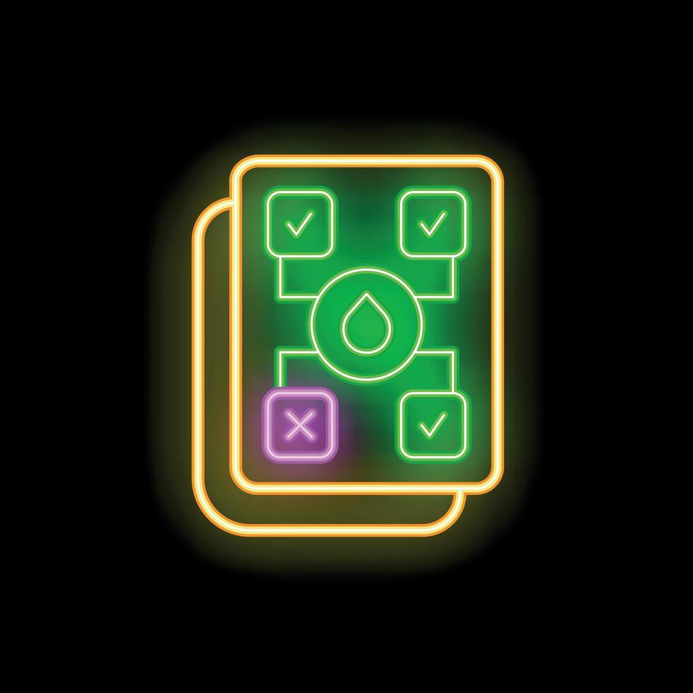 Neon glowing icon of water testing process with checkmarks and cross on black background vector
