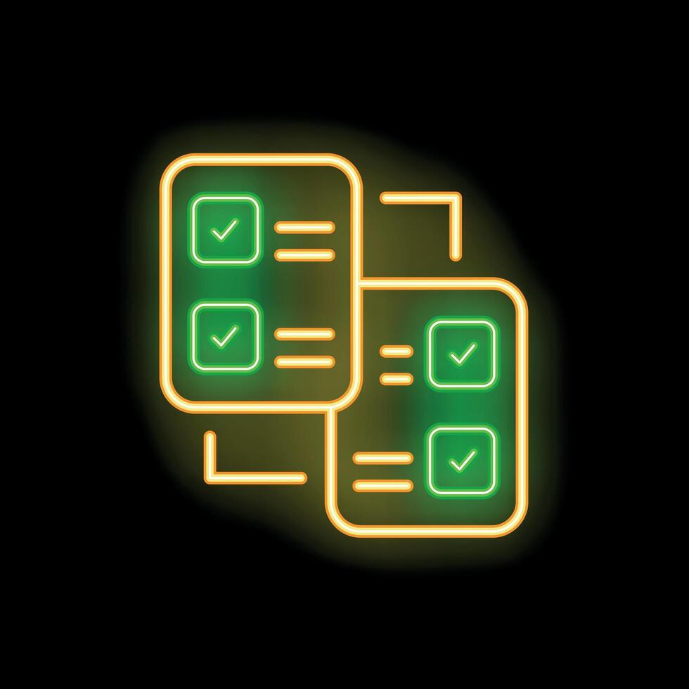 Neon icon of documents with check marks representing successful completion vector