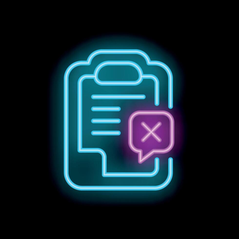 Neon icon of clipboard with document and error message on black background vector