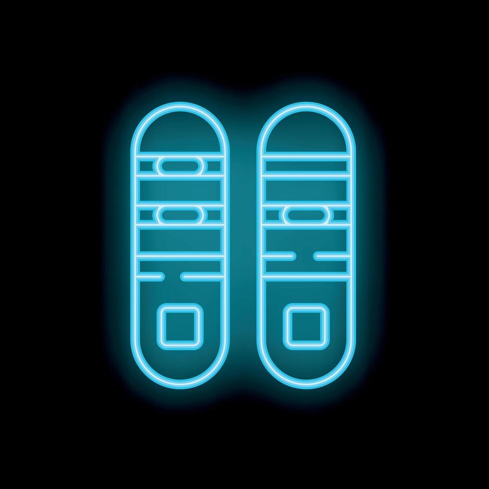 Blue neon icon of a pair of snowboards glowing on black background vector