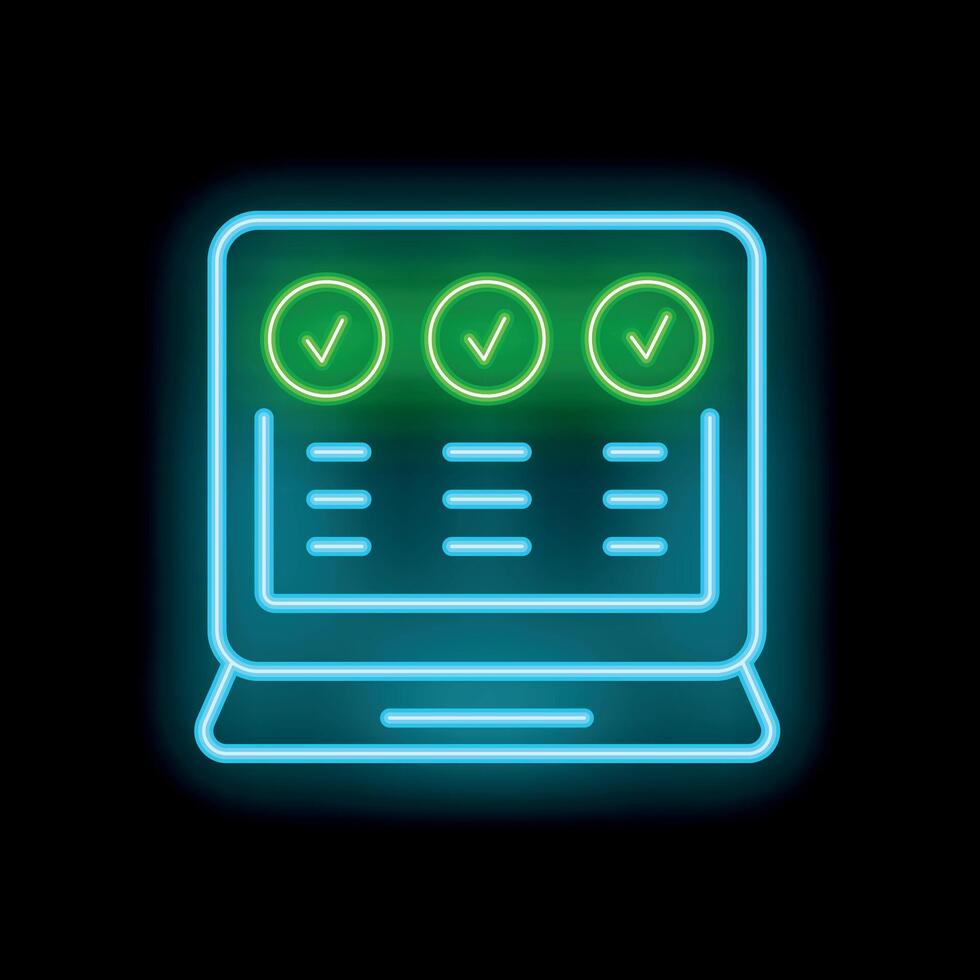 Neon online survey with check marks on computer screen vector