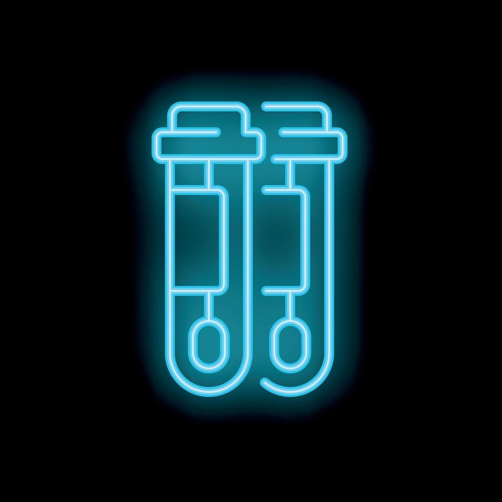 Blue neon icon of two test tubes glowing on a black background vector