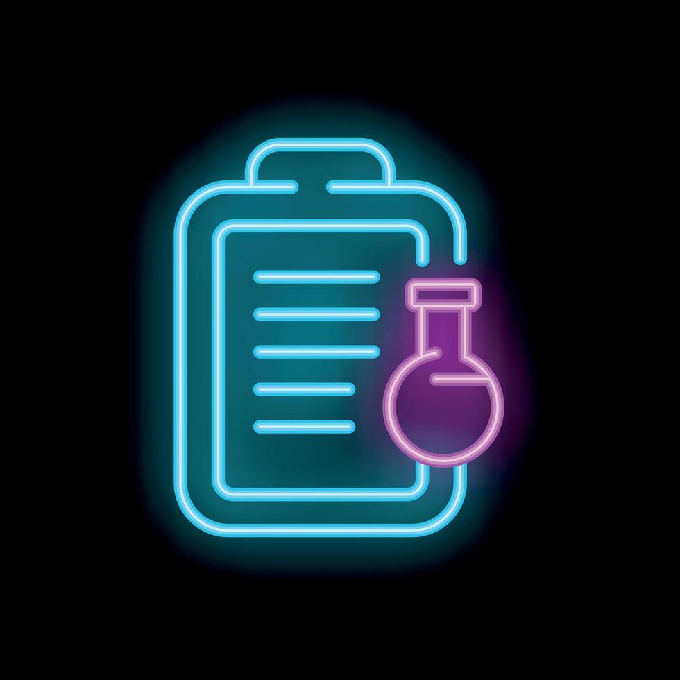 Neon icon of clipboard representing chemical experiment results vector