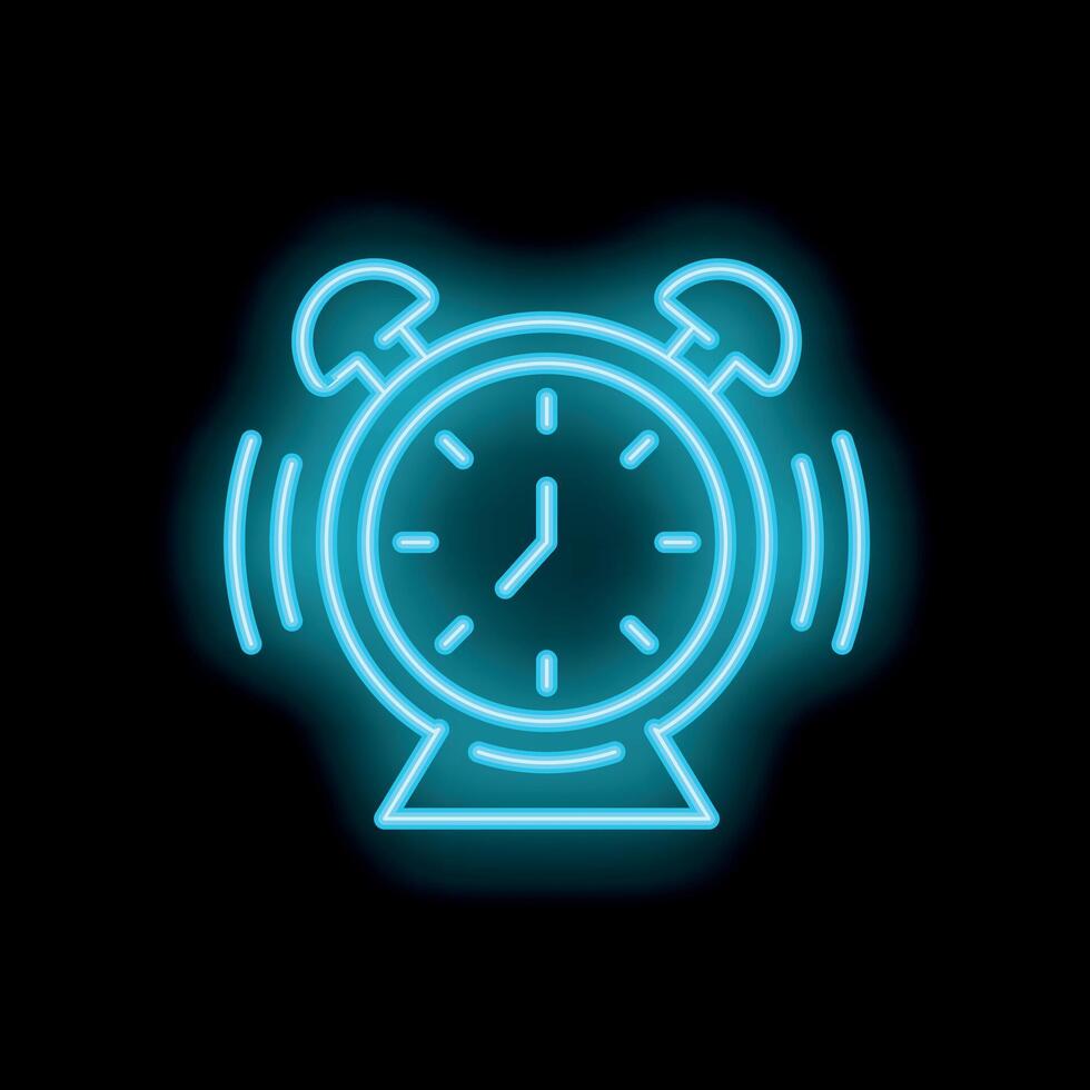 Blue neon alarm clock ringing on black background vector
