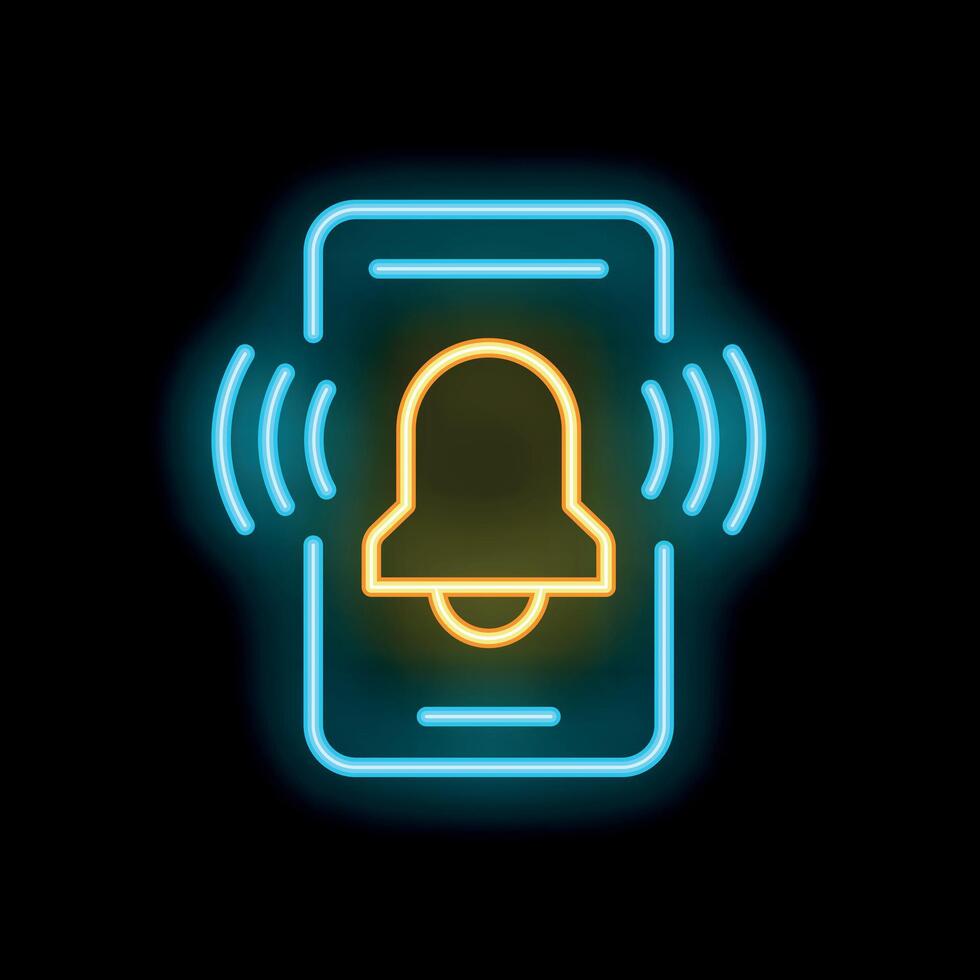 Neon smartphone showing notification bell ringing with sound waves vector