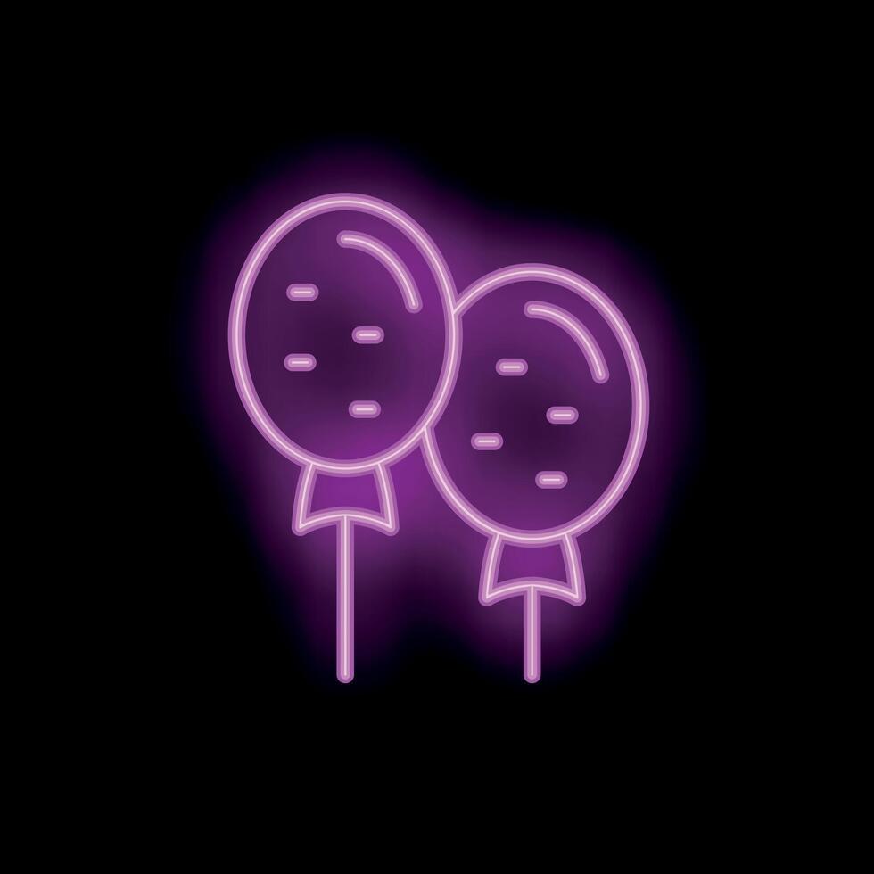 Neon style icon of two balloons floating with ribbon tied on stick vector