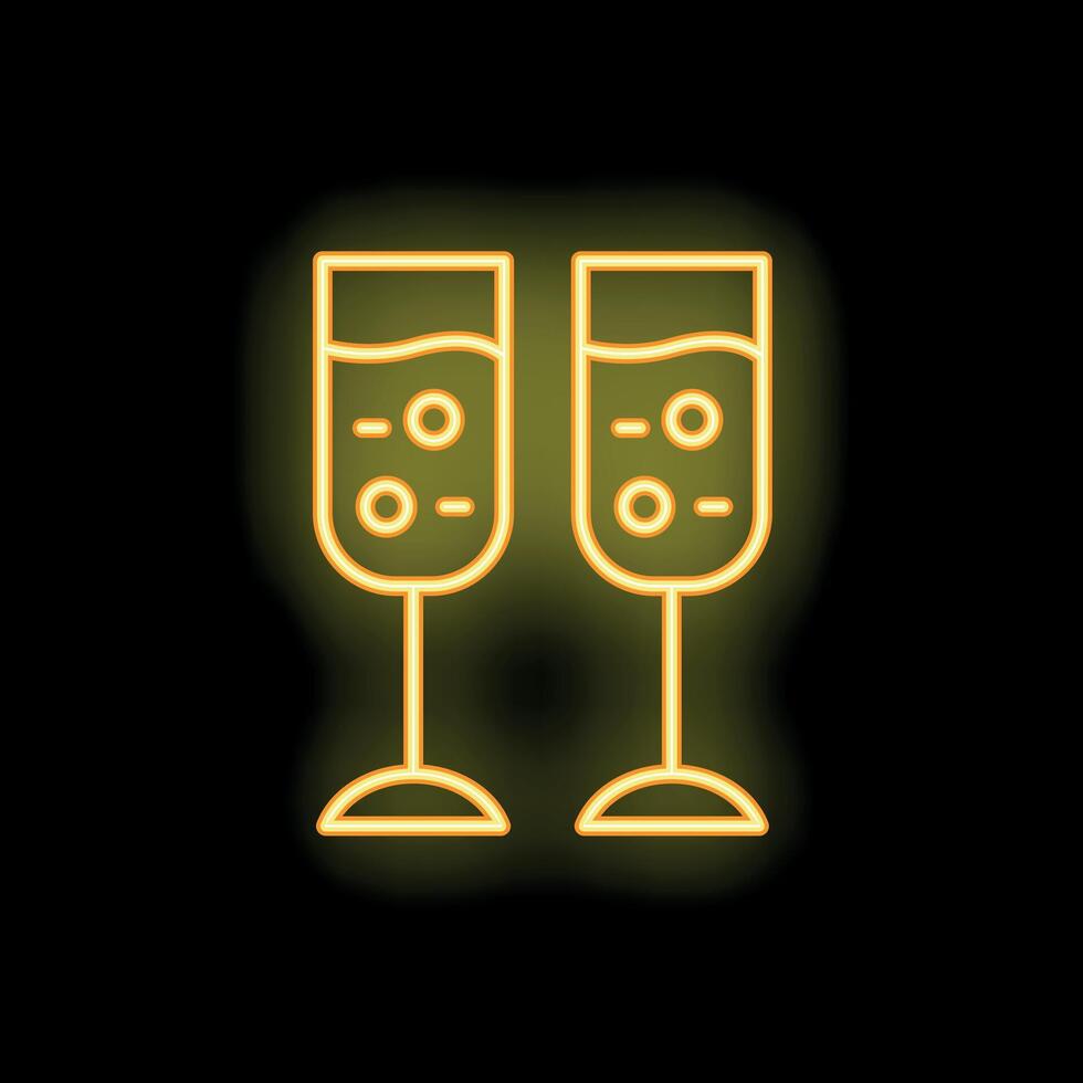 Yellow neon sign of two sparkling champagne glasses on a black background vector