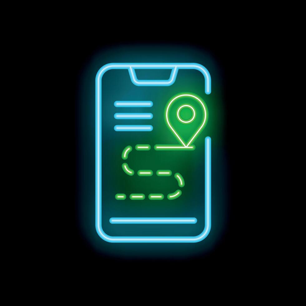 Neon smartphone showing gps app with destination point and route on screen vector