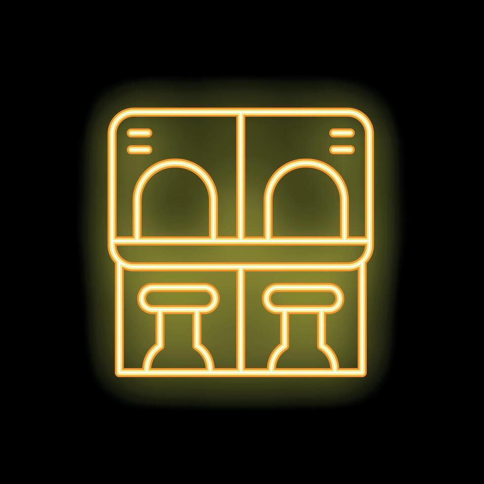 Neon train compartment with two seats and table icon on black background vector