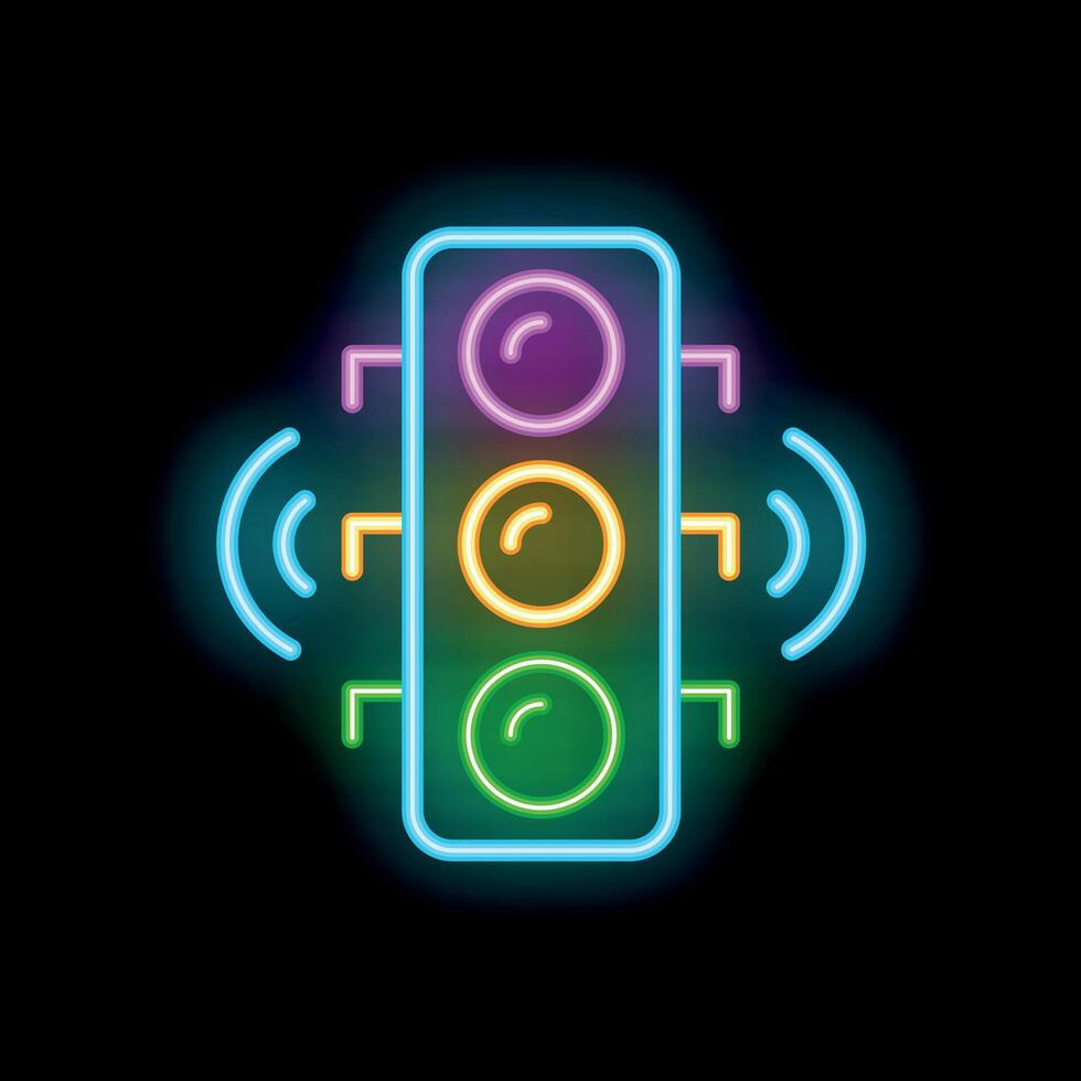 Neon smart traffic light sending data signals icon vector
