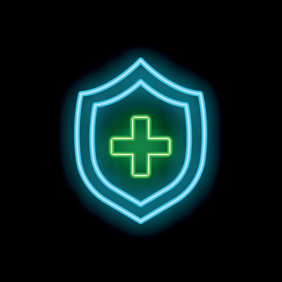 Neon medical shield protecting health and wellbeing vector