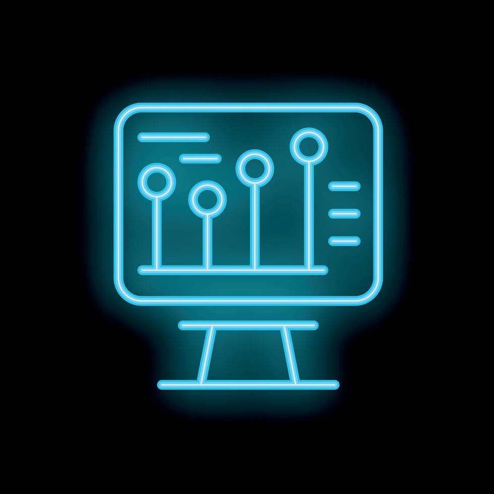 Neon blue icon of a computer displaying analytics on black background vector