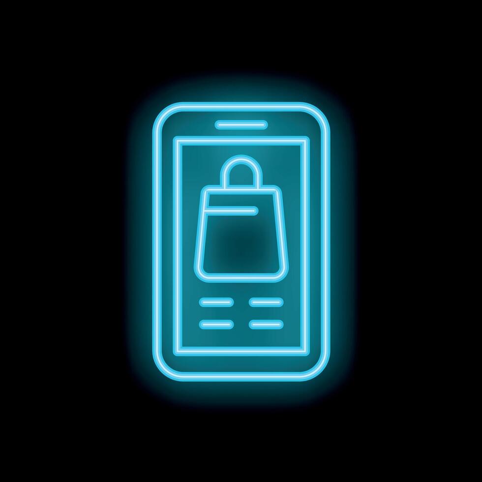 Neon smartphone showing online shopping app with shopping bag icon vector