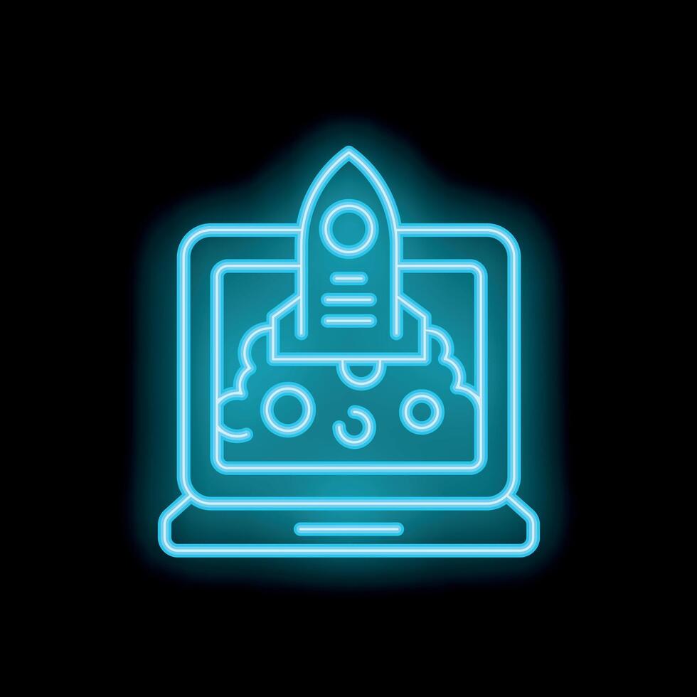 Neon rocket launching from laptop screen on black background vector