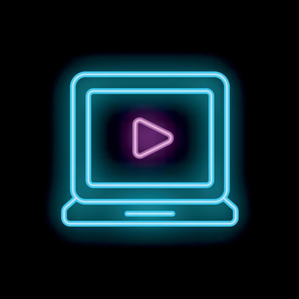 Neon laptop showing play button on black background vector