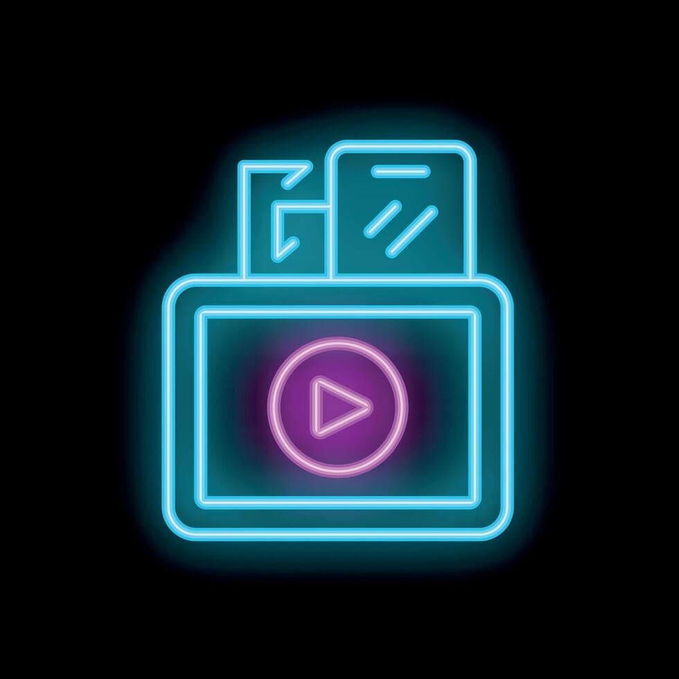 Neon sign of online folder with play button on dark background vector